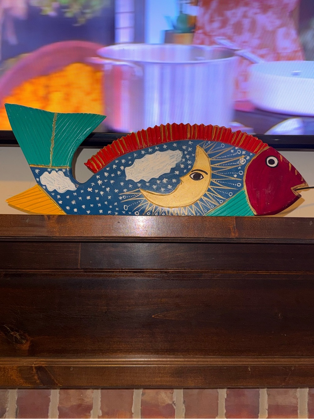 Oaxacan Hand Carved Painted Fish w/Moon & stars Design Mexican Wood Folk Art